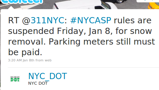 Retweet by DOT of 311's tweet that parking rules are suspended