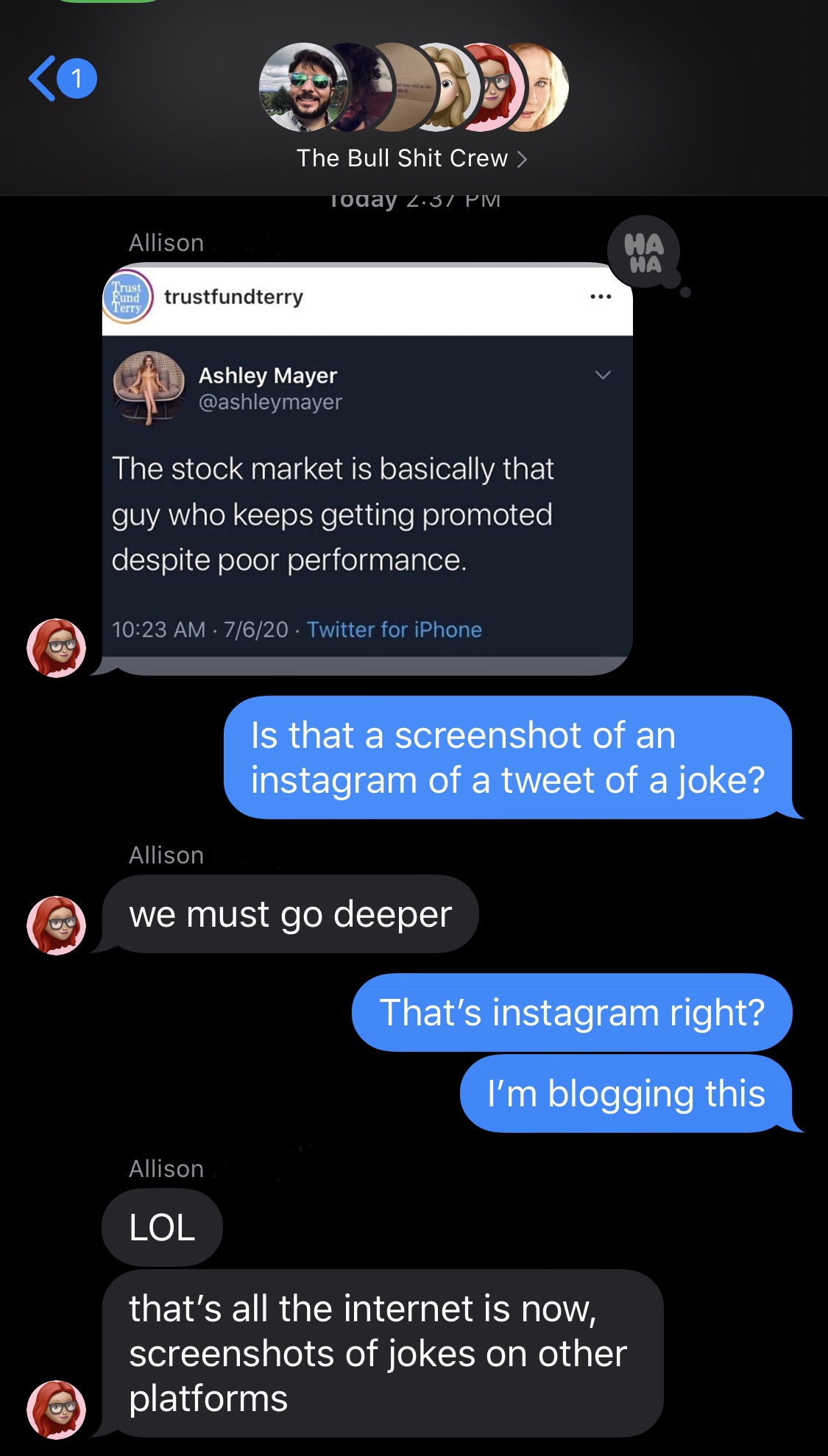 A screenshot of a group text message chain where  Allison posted a screenshot of an  Instagram of a screenshot of a twitter post of an old joke