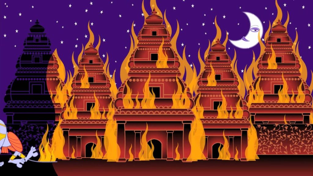 Still from sita sings the blues where there is an ancient city on fire.