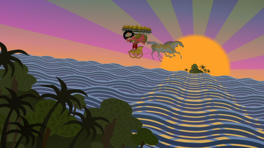 still from sita sings the blues where sita is kidnapped flying in a chariot over an ocean towards an island silhouettted against the sunset